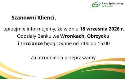 Zdjęcie do Godziny pracy Banku 18.09.2026 r.